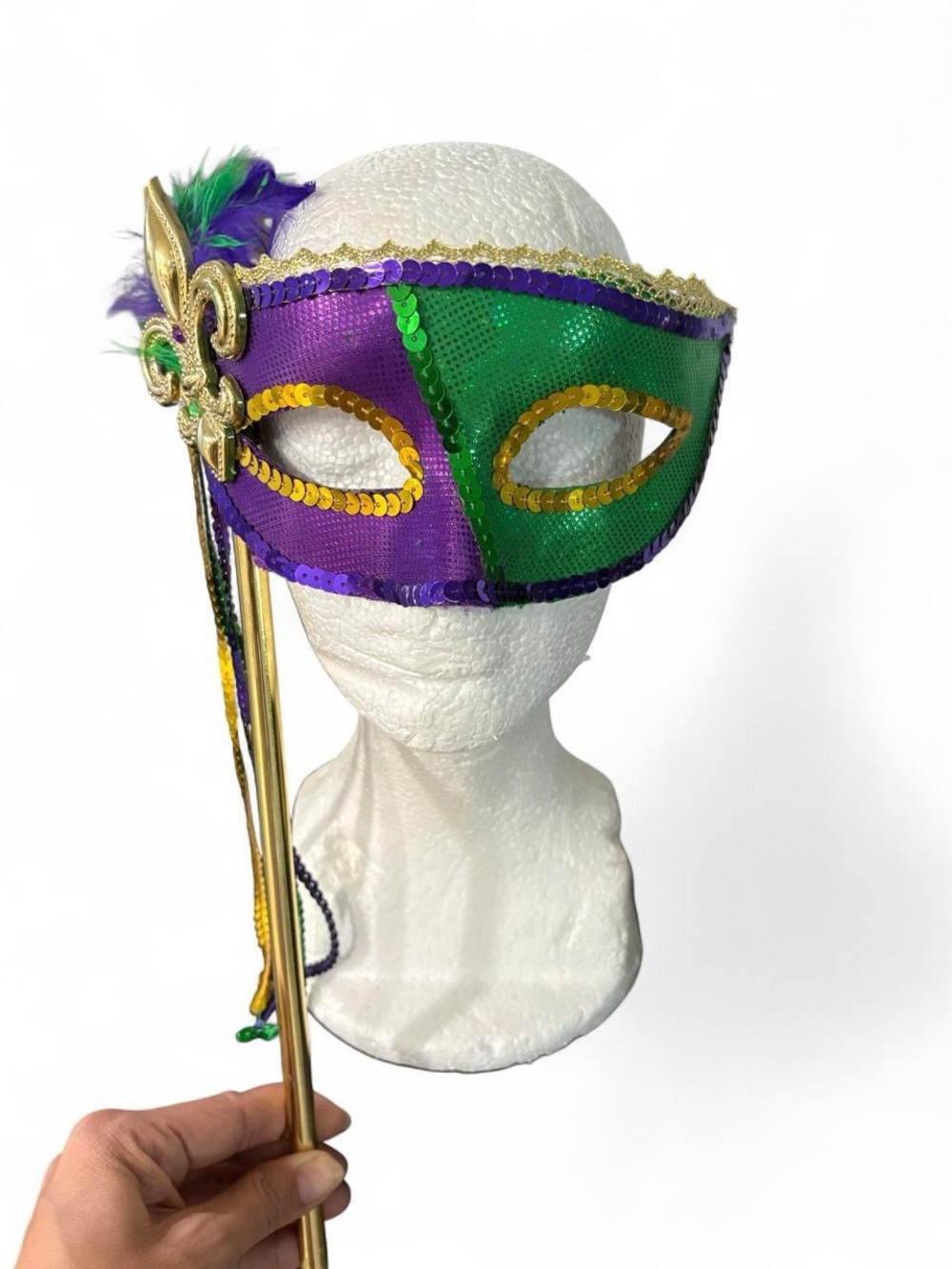 Mardi Gras Sequin Eye Mask on Stick - Purple & Green